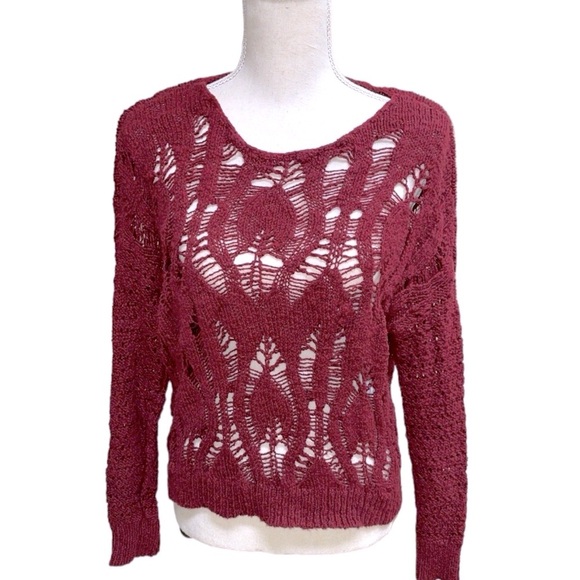 American Eagle Open Weave Crochet Sweater Burgundy Red Cranberry Size Large - Picture 2 of 13
